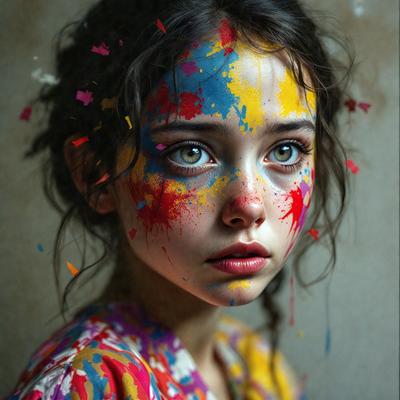 The primary subject of the image is a young girl with a colorful face painted with various colors. She is wearing a colorful shirt, which complements the vibrant colors on her face. The setting appears to be a room with a wall visible in the background. The visual style of the image is a close-up of the girl's face, showcasing the intricate details of her painted design. The colors and mood of the image are lively and cheerful, as the girl's face is ad
